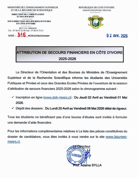 ATTRIBUTION DE SECOURS FINANCIERS EN COTE D&rsquo;IVOIRE 2025-2026